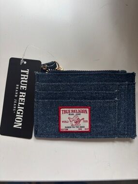 True Religion Dark Blue Denim Card Holder with Gold Hardware